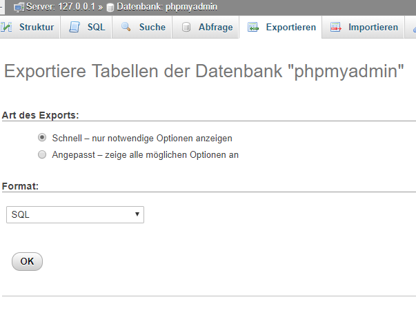 phpmyadmin - Datenbank exportieren