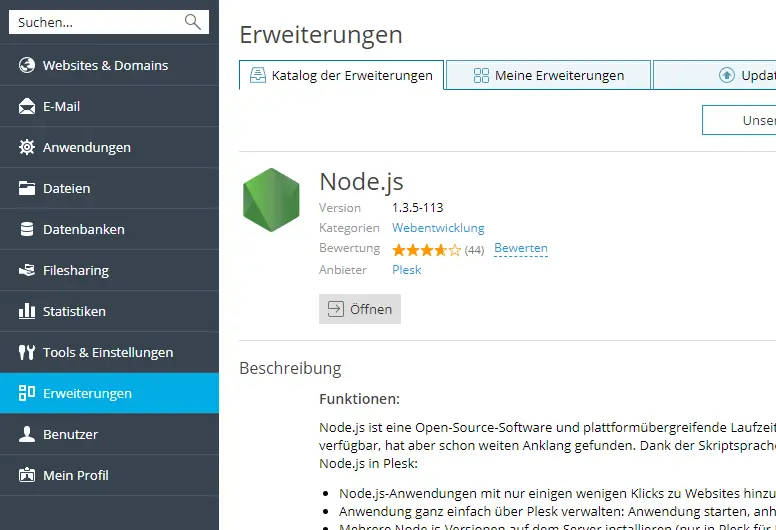 Plesk Interface - Installing the Node.js Extension