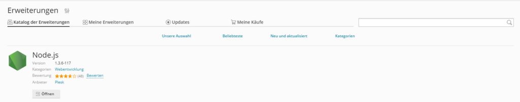 Node.js Erweiterung unter Plesk "Erweiterungen"