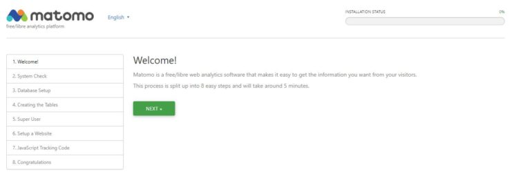 Matomo installation wizard - 1st Welcome!