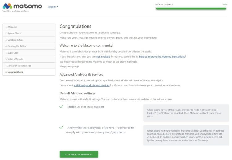 Matomo installation wizard - Installation completed