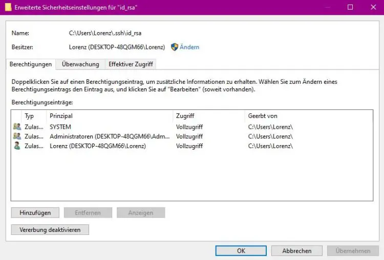 Windows: Erweiterte Sicherheitseinstellungen für id_rsa