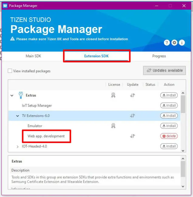 Tizen Studio Package Manager: Install Web app.development