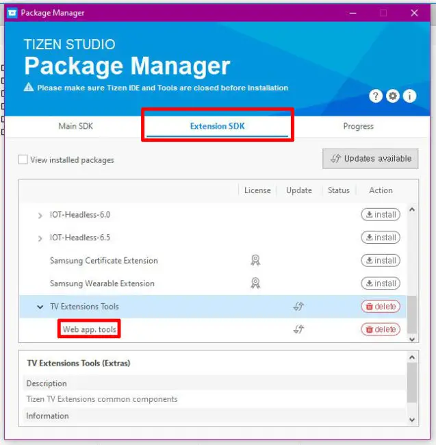 Tizen Studio Package Manager: Web app.tools installieren