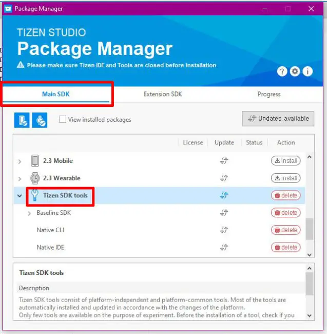 Tizen Studio Package Manager: Tizen SDK tools installieren