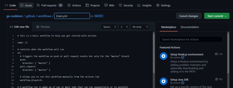 GitHub Actions: Node.js workflow editor