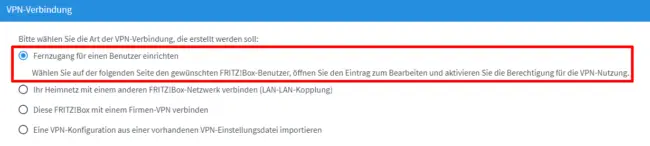 FRITZ!Box VPN Verbindung einrichten: VPN-Art wählen