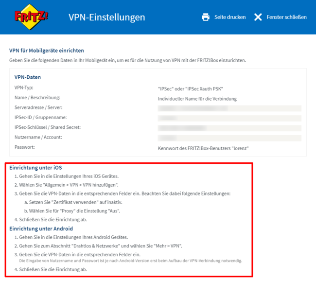 FRITZ!Box VPN Einstellungen - Zugangsdaten