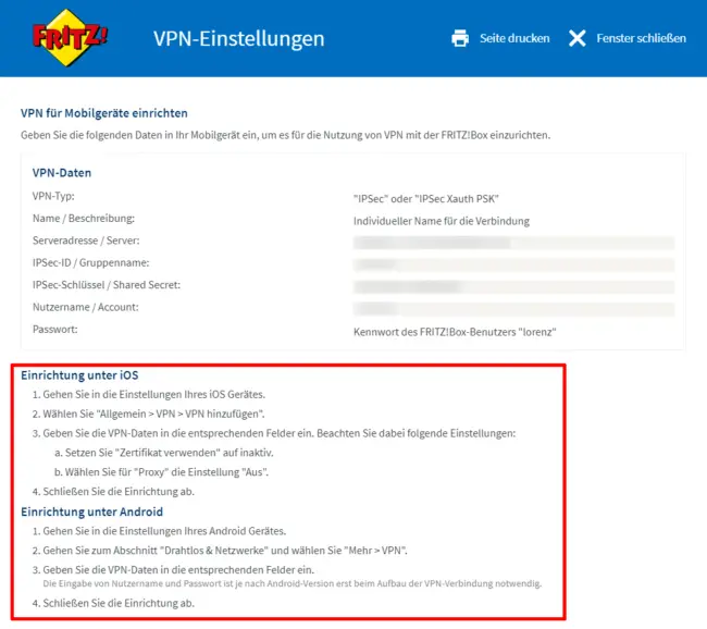 FRITZ!Box VPN Settings - Access Data