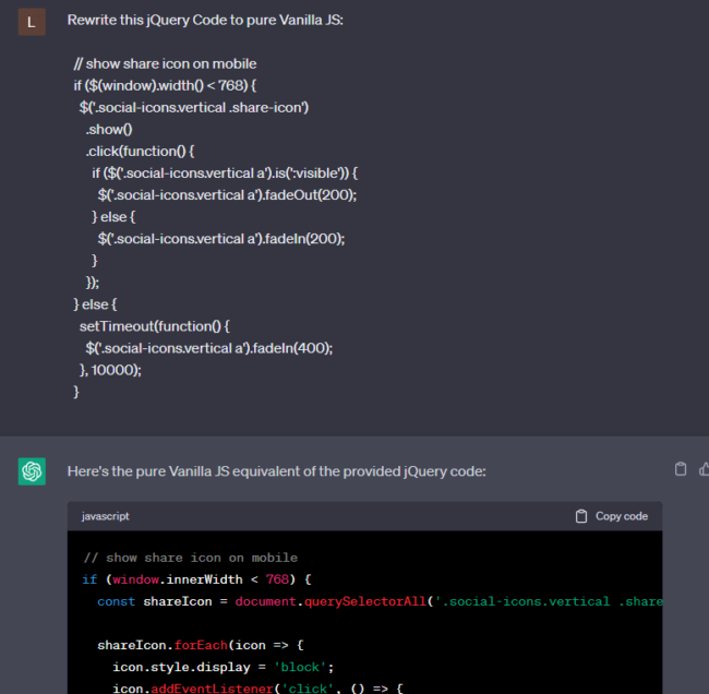 ChatGPT converts jQuery code to JavaScript