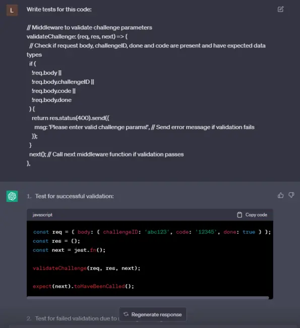 ChatGPT generates JavaScript test cases for a Rest API