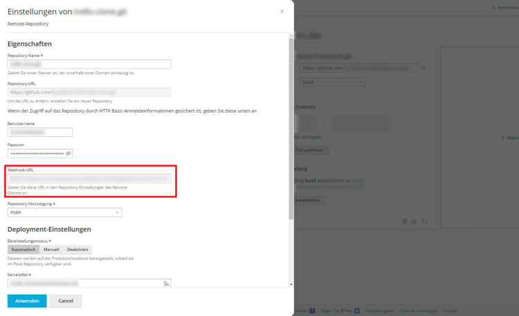 Plesk Git Repository: Webhook-URL auslesen