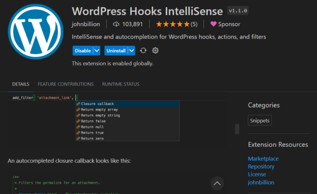 WordPress Hooks IntelliSense