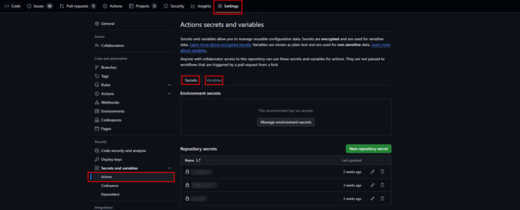 GitHub Repository: Actions Secrets und Variablen