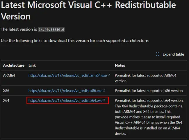 Find the right Microsoft Visual C++ installer