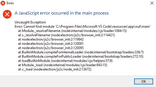 A JavaScript error occured in the main process